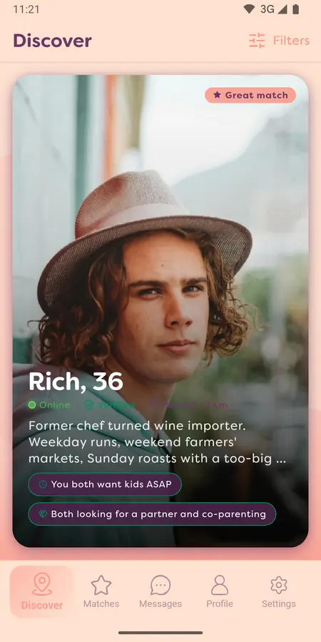 Discovery card showing a profile