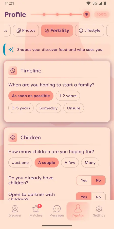 Profile showing family-building goals